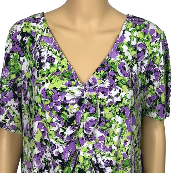 Josephine Studio Womens 2X Purple Green Floral Front Ruffle V-Neck Blouse Shirt - Picture 2 of 12